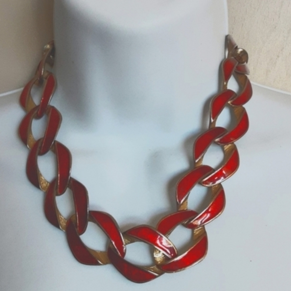 Vintage‎ Enamel Linked Pink Gold Tone Link Collar Statement Necklace